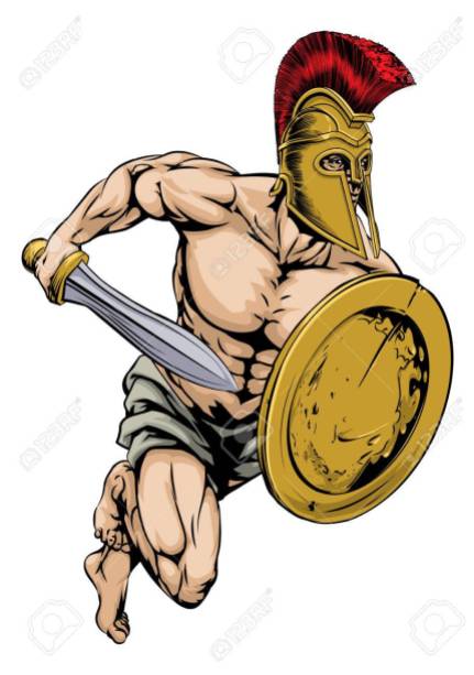 An illustration of a gladiator warrior character or sports mascot in a trojan or Spartan style helmet holding a sword and shield